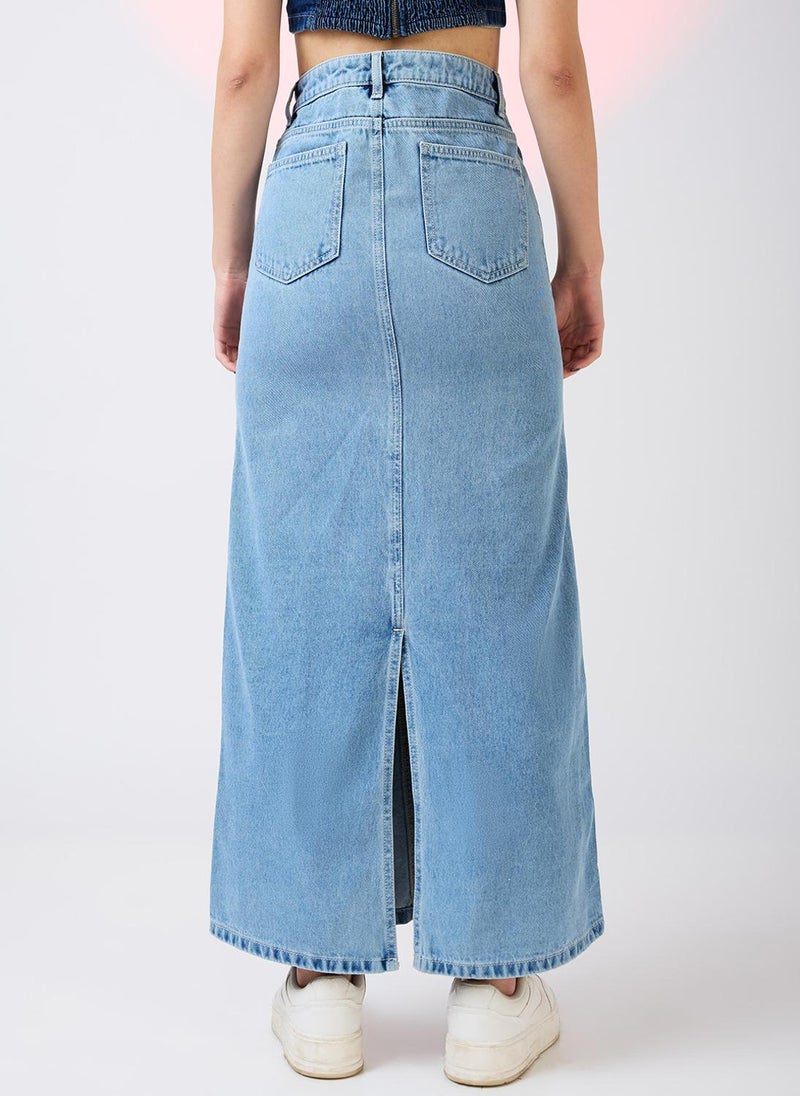 Globus Women Stretchable Mid Rise Back Slit Maxi Denim Pencil Skirt - Image 5